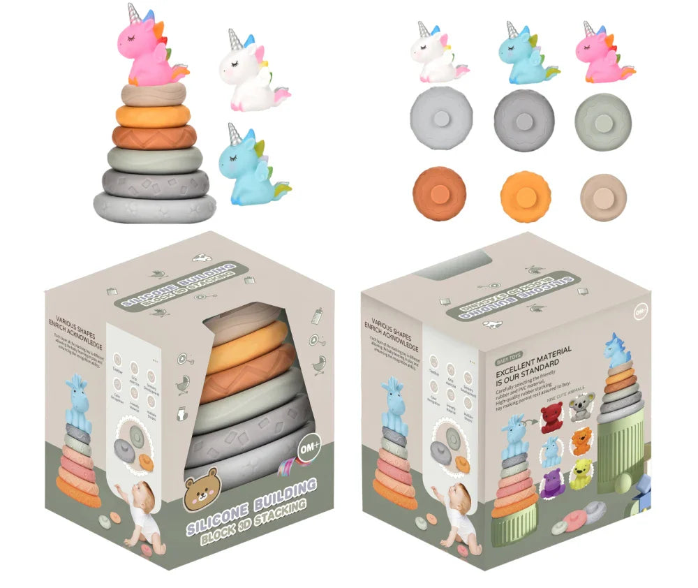 HKM-805331 Sensory Stacking Silicone Circle Blocks Educational Teether Toys for Kids