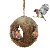 HKM-805587 Natural Coconut Shell Bird Nest Feeder - Small Size, 12-16cm Diameter, 30cm Height