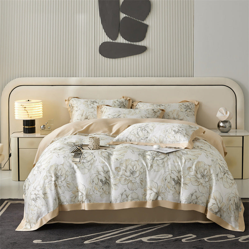HKM-805651 Tencel Four-Piece Bedding Set with Plant and Flower Pattern for 1.5m to 2.0m Beds