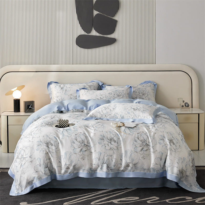 HKM-805651 Tencel Four-Piece Bedding Set with Plant and Flower Pattern for 1.5m to 2.0m Beds