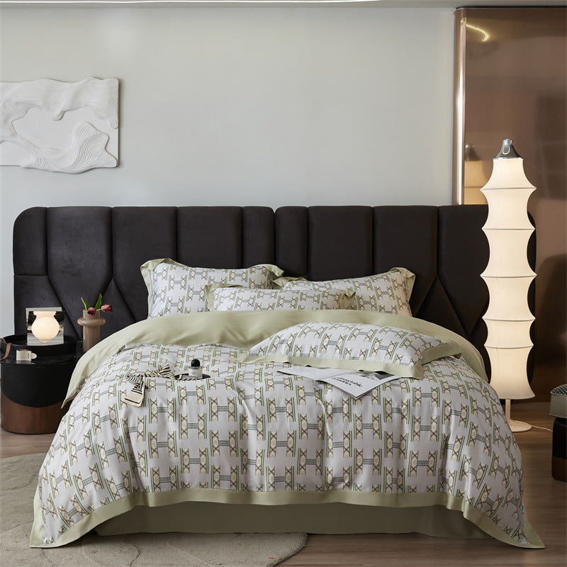 HKM-805651 Tencel Four-Piece Bedding Set with Plant and Flower Pattern for 1.5m to 2.0m Beds
