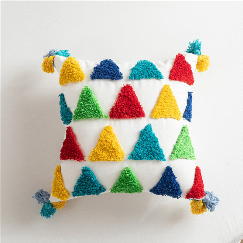 HKM-805715 Moroccan Style Cotton Canvas Tufted Pillowcase with Rainbow Geometric Stripes for Home Sofa