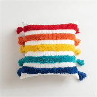 HKM-805715 Moroccan Style Cotton Canvas Tufted Pillowcase with Rainbow Geometric Stripes for Home Sofa