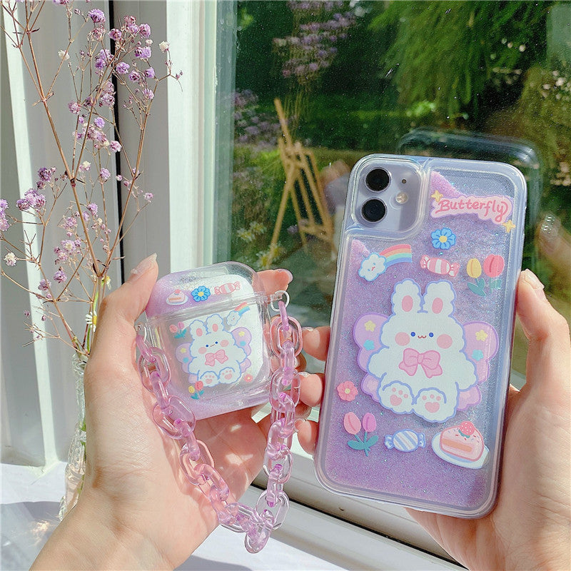 HKM-806547 AirPods Compatible Quicksand Cartoon Design Case with Chain for AirPods 1/2 Generation
