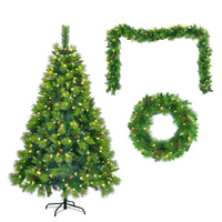 HKM-807251 6 Feet Artificial Grass Green Christmas Tree with Pre-Installed LED Lights, Pine Cone Decor, and Garland for Holidays