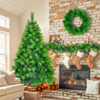 HKM-807251 6 Feet Artificial Grass Green Christmas Tree with Pre-Installed LED Lights, Pine Cone Decor, and Garland for Holidays