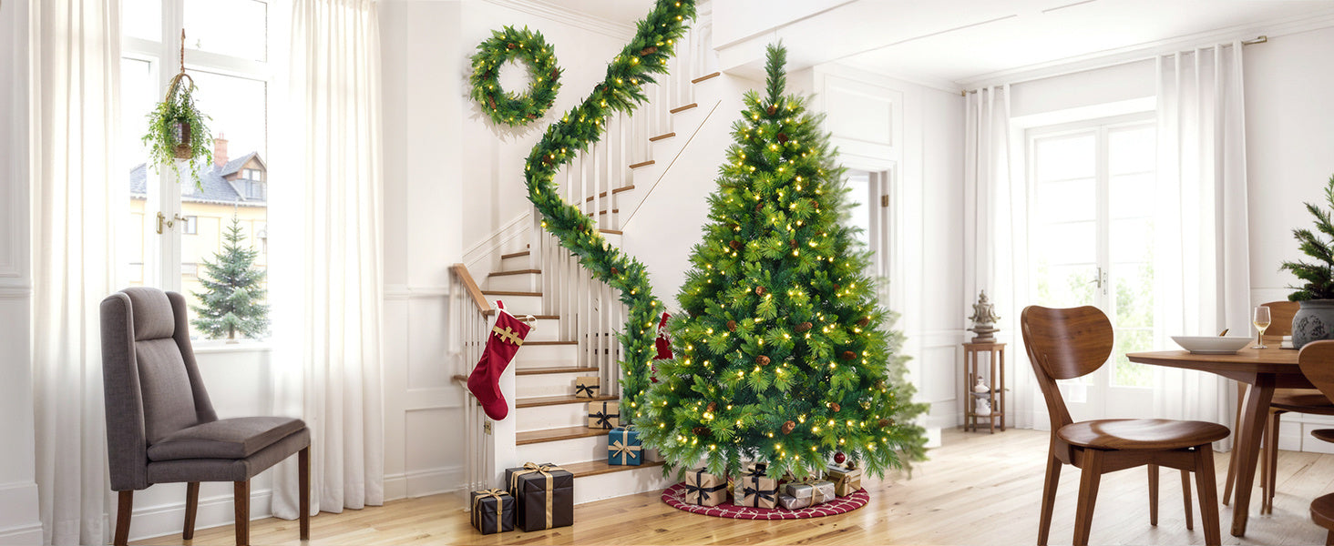 HKM-807251 6 Feet Artificial Grass Green Christmas Tree with Pre-Installed LED Lights, Pine Cone Decor, and Garland for Holidays