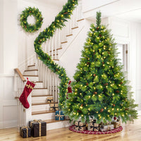 HKM-807251 6 Feet Artificial Grass Green Christmas Tree with Pre-Installed LED Lights, Pine Cone Decor, and Garland for Holidays