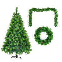 HKM-807251 6 Feet Artificial Grass Green Christmas Tree with Pre-Installed LED Lights, Pine Cone Decor, and Garland for Holidays