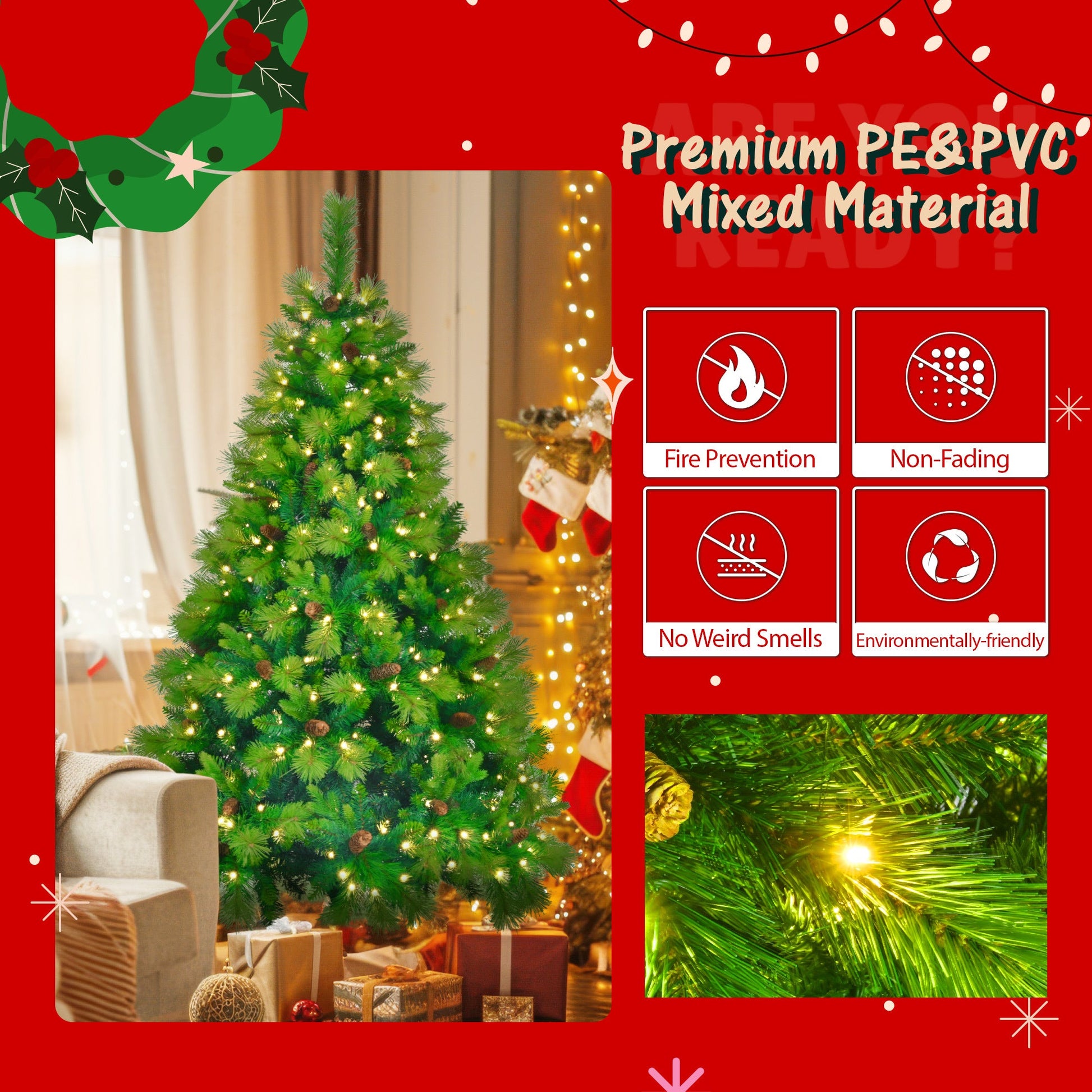 HKM-807251 6 Feet Artificial Grass Green Christmas Tree with Pre-Installed LED Lights, Pine Cone Decor, and Garland for Holidays