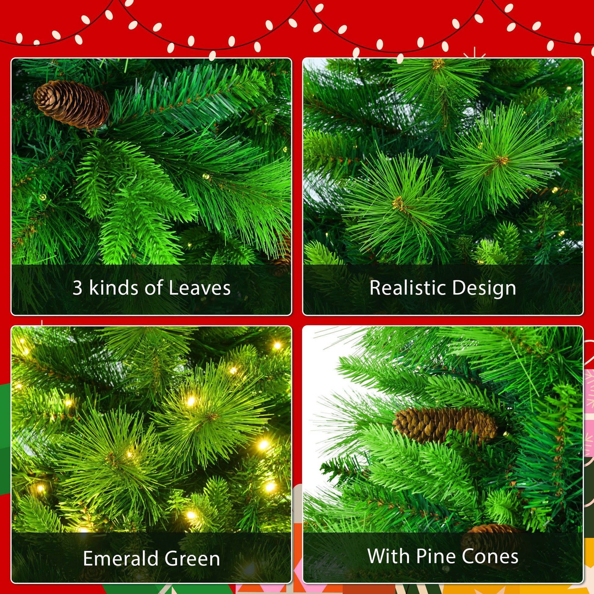 HKM-807251 6 Feet Artificial Grass Green Christmas Tree with Pre-Installed LED Lights, Pine Cone Decor, and Garland for Holidays