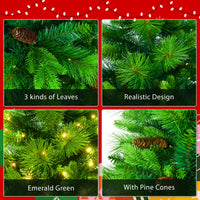 HKM-807251 6 Feet Artificial Grass Green Christmas Tree with Pre-Installed LED Lights, Pine Cone Decor, and Garland for Holidays