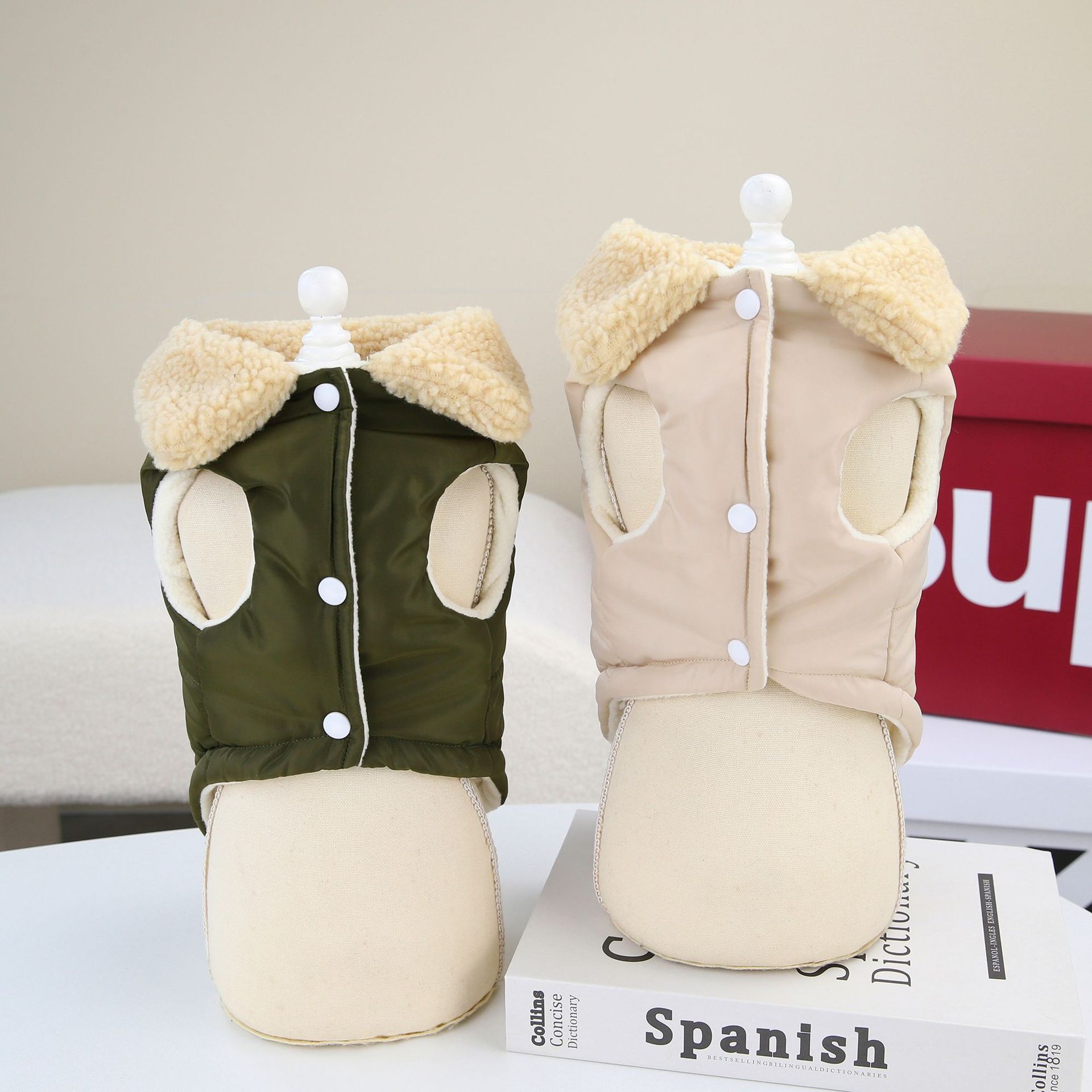 HKM-807315 Nordic Fur Collar Cotton Vest for Pets in Green and Khaki, Sizes S-XXL