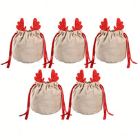 HKM-807443 Set of 5 Reindeer Antler Christmas Velvet Drawstring Gift Bags for Jewelry and Candy