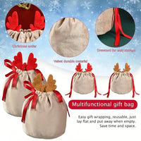HKM-807443 Set of 5 Reindeer Antler Christmas Velvet Drawstring Gift Bags for Jewelry and Candy