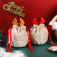 HKM-807443 Set of 5 Reindeer Antler Christmas Velvet Drawstring Gift Bags for Jewelry and Candy