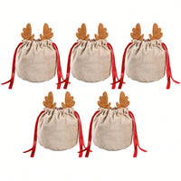 HKM-807443 Set of 5 Reindeer Antler Christmas Velvet Drawstring Gift Bags for Jewelry and Candy