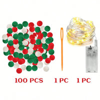 HKM-807763 100 Pcs Red, Green, and White Christmas Pom Poms with Battery String Lights for DIY Holiday Decorations