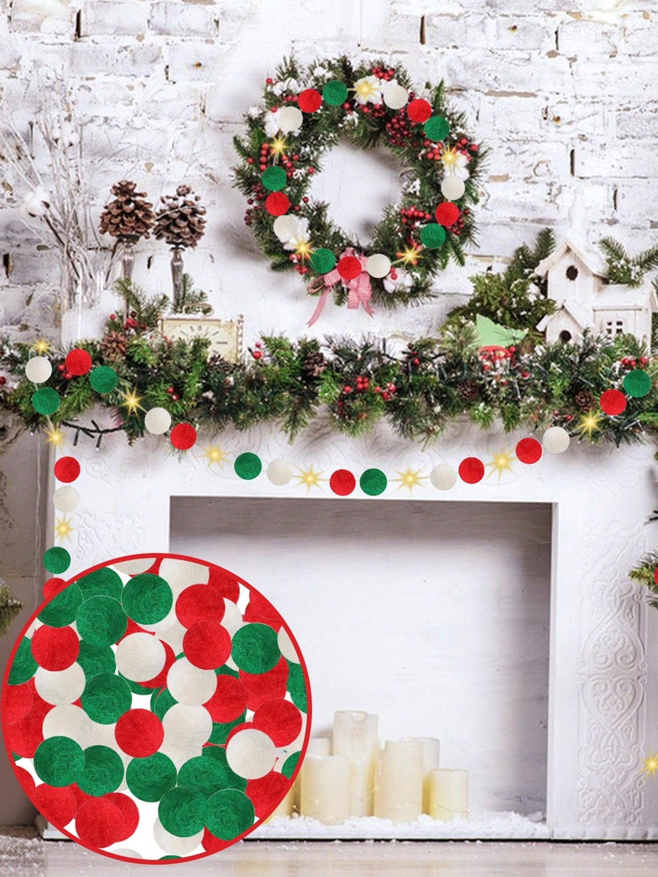 HKM-807763 100 Pcs Red, Green, and White Christmas Pom Poms with Battery String Lights for DIY Holiday Decorations