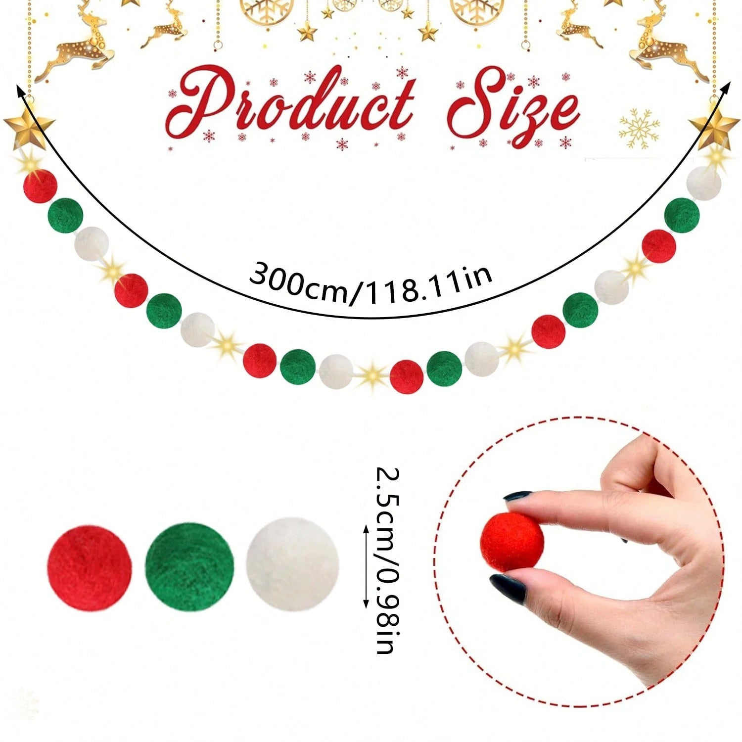 HKM-807763 100 Pcs Red, Green, and White Christmas Pom Poms with Battery String Lights for DIY Holiday Decorations
