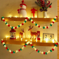 HKM-807763 100 Pcs Red, Green, and White Christmas Pom Poms with Battery String Lights for DIY Holiday Decorations