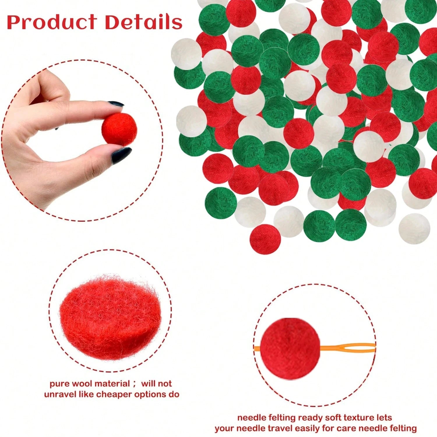 HKM-807763 100 Pcs Red, Green, and White Christmas Pom Poms with Battery String Lights for DIY Holiday Decorations