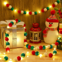 HKM-807763 100 Pcs Red, Green, and White Christmas Pom Poms with Battery String Lights for DIY Holiday Decorations