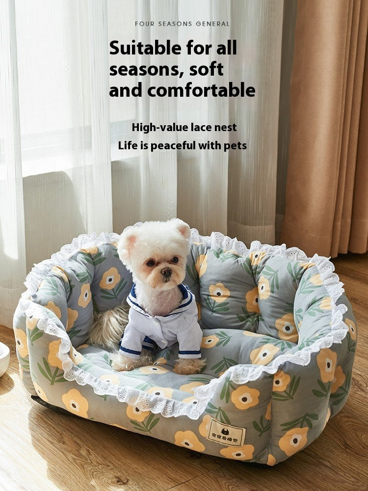 HKM-808083 Removable and Washable Dog Sofa in Gray Floral, Yellow Forest, and Cream Plaid Options