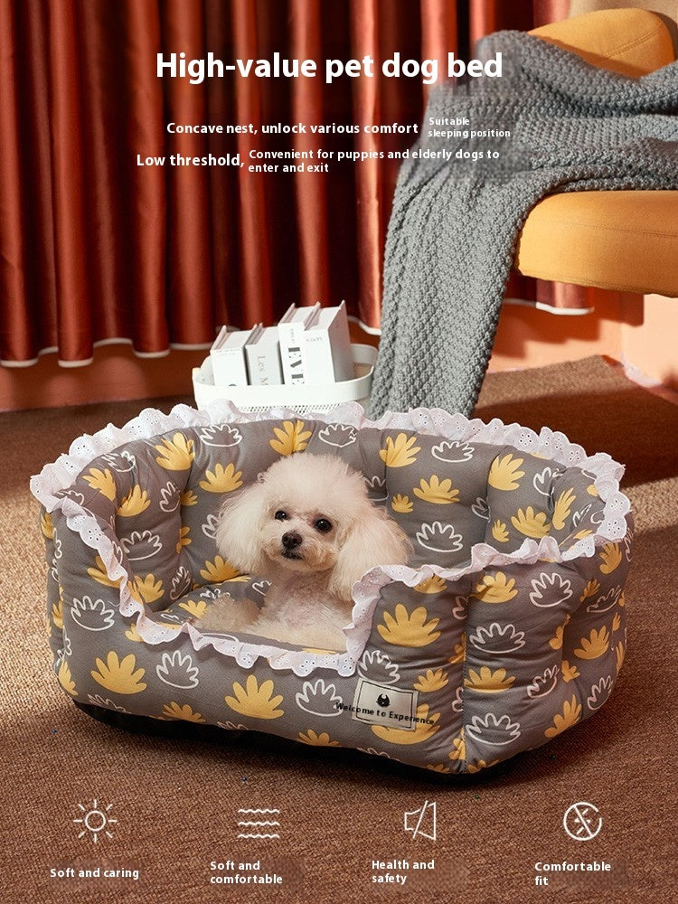 HKM-808083 Removable and Washable Dog Sofa in Gray Floral, Yellow Forest, and Cream Plaid Options