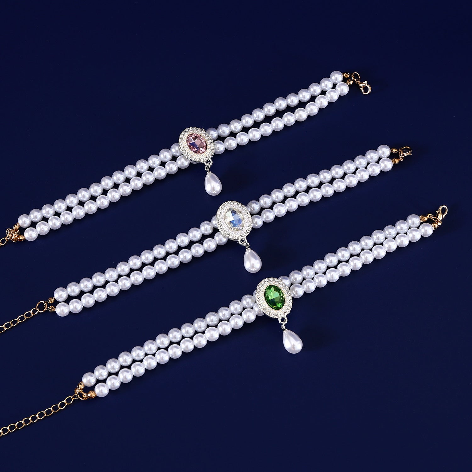 HKM-808659 Double-Layer Pearl Gem Pendant Necklace for Maltese Puppies - Princess Style Collar in Multiple Colors