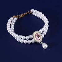 HKM-808659 Double-Layer Pearl Gem Pendant Necklace for Maltese Puppies - Princess Style Collar in Multiple Colors
