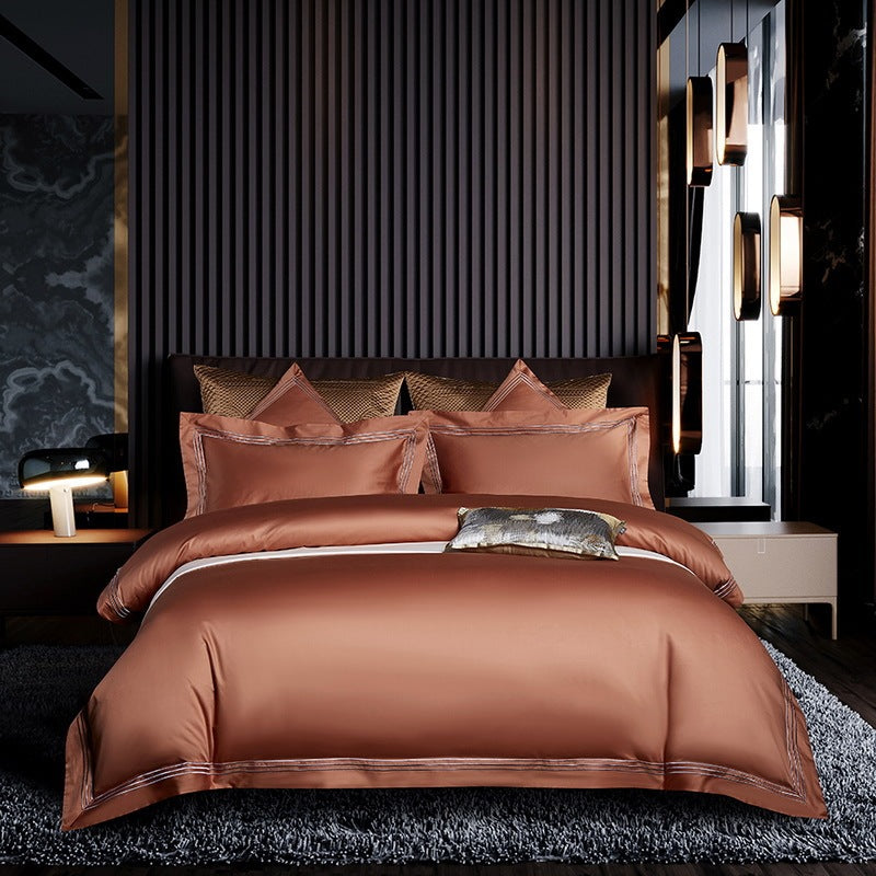 HKM-808787 Four-Piece Long-Staple Cotton Bedding Set in Plain Jacquard with Lace Detailing