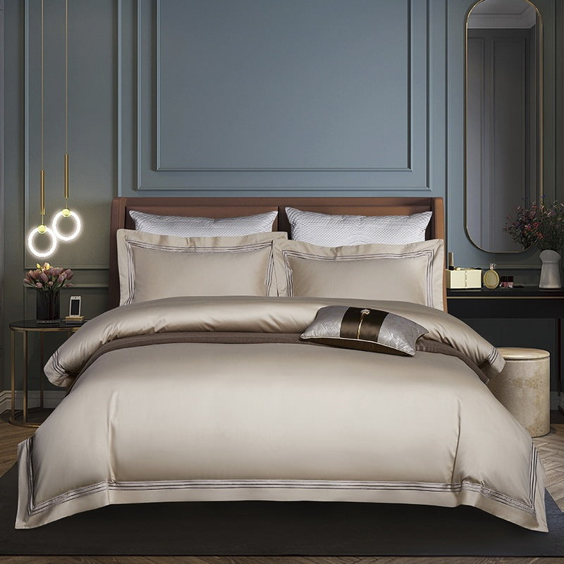 HKM-808787 Four-Piece Long-Staple Cotton Bedding Set in Plain Jacquard with Lace Detailing