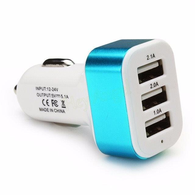 HKM-808851 3USB Universal Car Charger – Aluminum Alloy with Indicator Light – Available in Multiple Colors