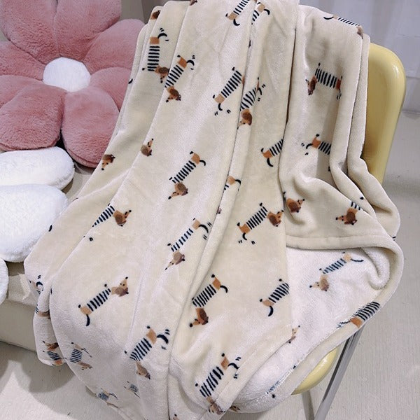 HKM-809107 Cozy Cartoon Sausage Dog Flannel Blanket - Multiple Sizes Available