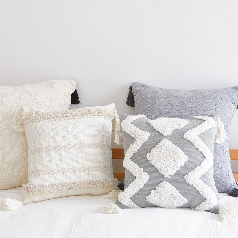 HKM-809171 Nordic Geometric Tufted Pillowcase with Tassels - Cotton Blend, 45x45cm & 30x50cm Options
