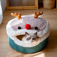 HKM-809235 Cozy Closed Winter Cat House with Removable Washable Lambswool Interior - Elk Style, Small & Large Sizes Available