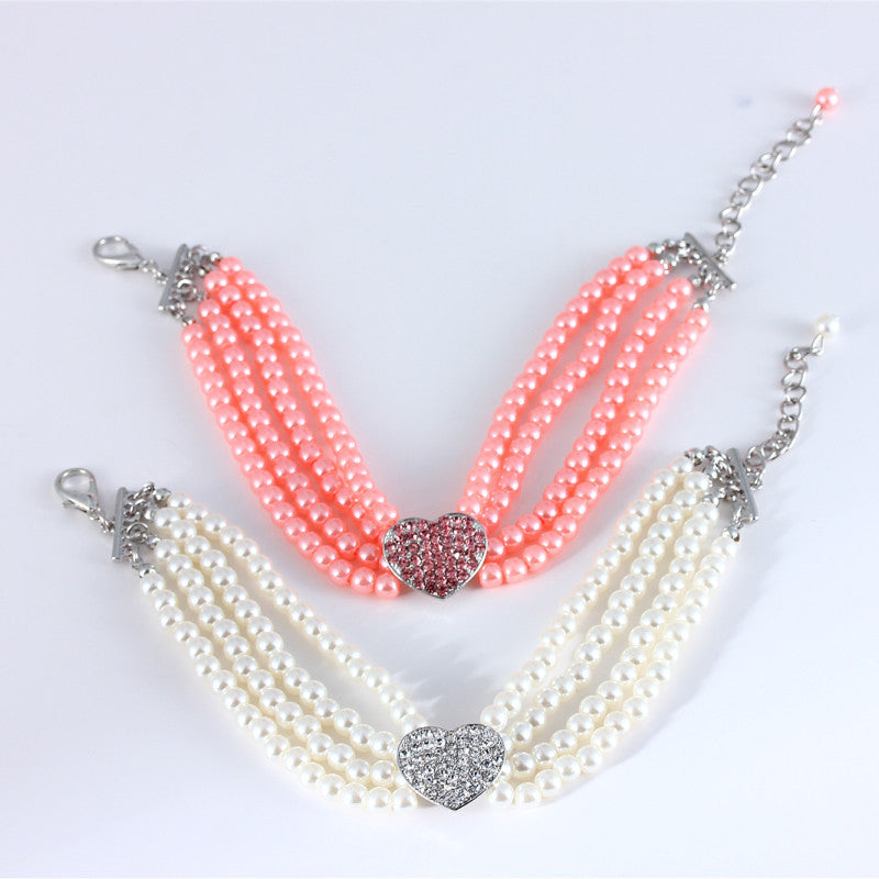 HKM-810963 Pearl Heart-Shaped Pet Collar with Rhinestones – Monochrome Design, Four Seasons Adjustable Size
