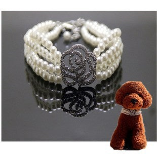 HKM-810963 Pearl Heart-Shaped Pet Collar with Rhinestones – Monochrome Design, Four Seasons Adjustable Size