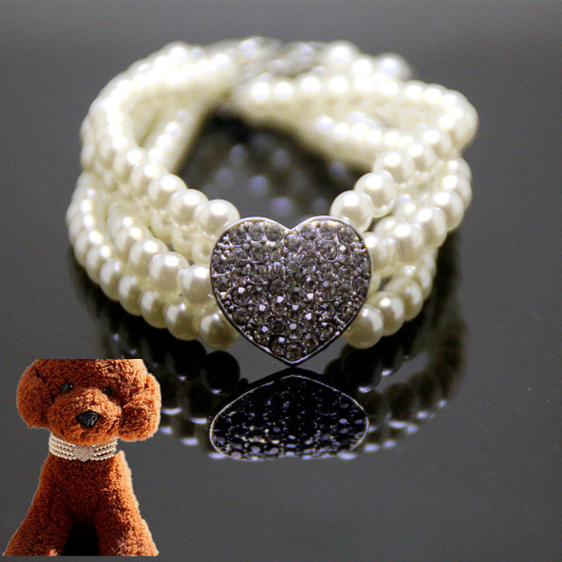 HKM-810963 Pearl Heart-Shaped Pet Collar with Rhinestones – Monochrome Design, Four Seasons Adjustable Size