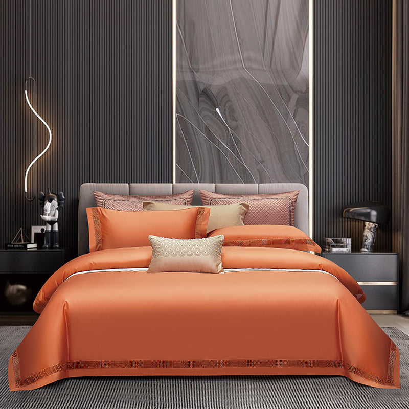 HKM-811411 Solid Color Long-Staple Cotton Four-Piece Bedding Set with Hollow Lace