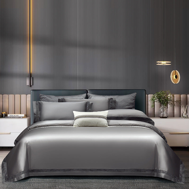 HKM-811411 Solid Color Long-Staple Cotton Four-Piece Bedding Set with Hollow Lace
