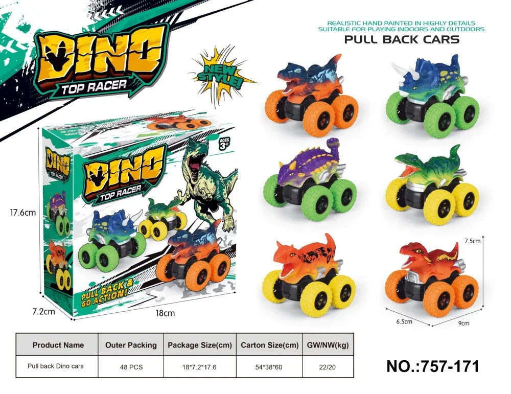 HKM-812499 Dino Pull Back Car Toy - Multi-Style Dinosaur Vehicle, Age 5+