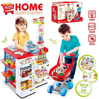 HKM-813075 Supermarket Cash Register Toy Set with Shopping Cart - 24 Pieces Role Play Kitchen Toys for Kids