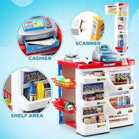 HKM-813075 Supermarket Cash Register Toy Set with Shopping Cart - 24 Pieces Role Play Kitchen Toys for Kids