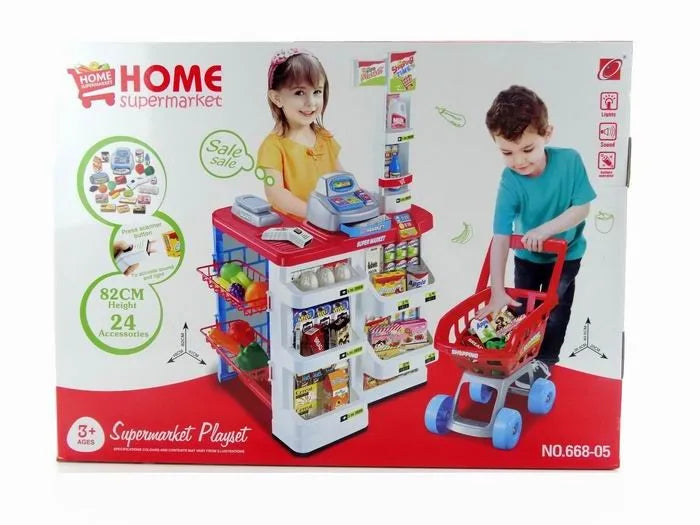 HKM-813075 Supermarket Cash Register Toy Set with Shopping Cart - 24 Pieces Role Play Kitchen Toys for Kids