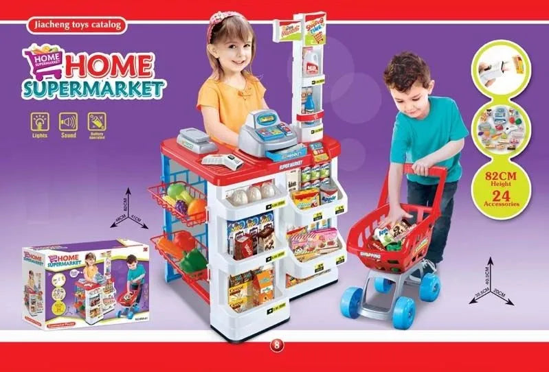 HKM-813075 Supermarket Cash Register Toy Set with Shopping Cart - 24 Pieces Role Play Kitchen Toys for Kids