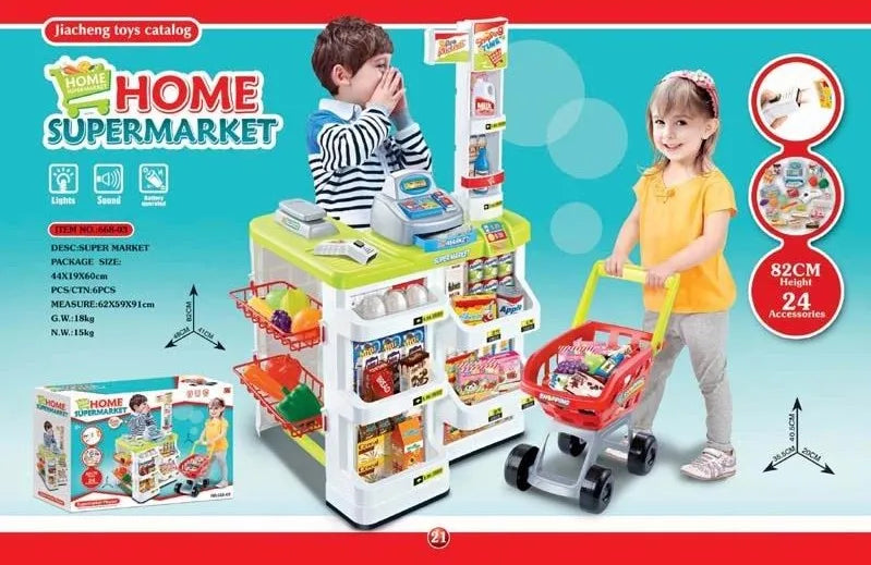 HKM-813075 Supermarket Cash Register Toy Set with Shopping Cart - 24 Pieces Role Play Kitchen Toys for Kids