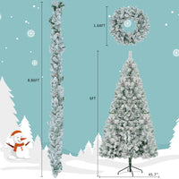 HKM-813523 6 Feet Snow-Covered Christmas Tree with Pre-Installed Colored LED Lights, Hinged Design, Wreath & Garland Included
