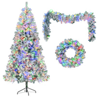 HKM-813523 6 Feet Snow-Covered Christmas Tree with Pre-Installed Colored LED Lights, Hinged Design, Wreath & Garland Included